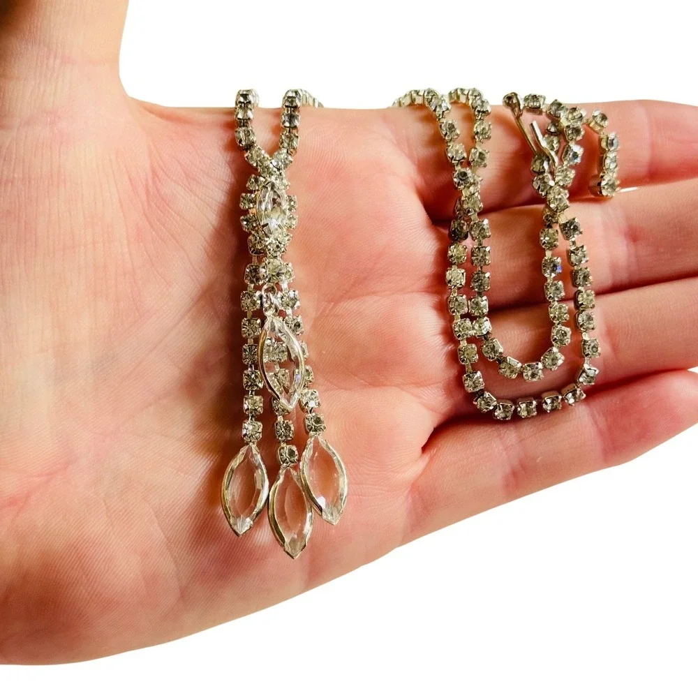 Necklace VTG Jeweled Austrian Crystal‎ Rhinestone tassel open bezel Sparkly 18